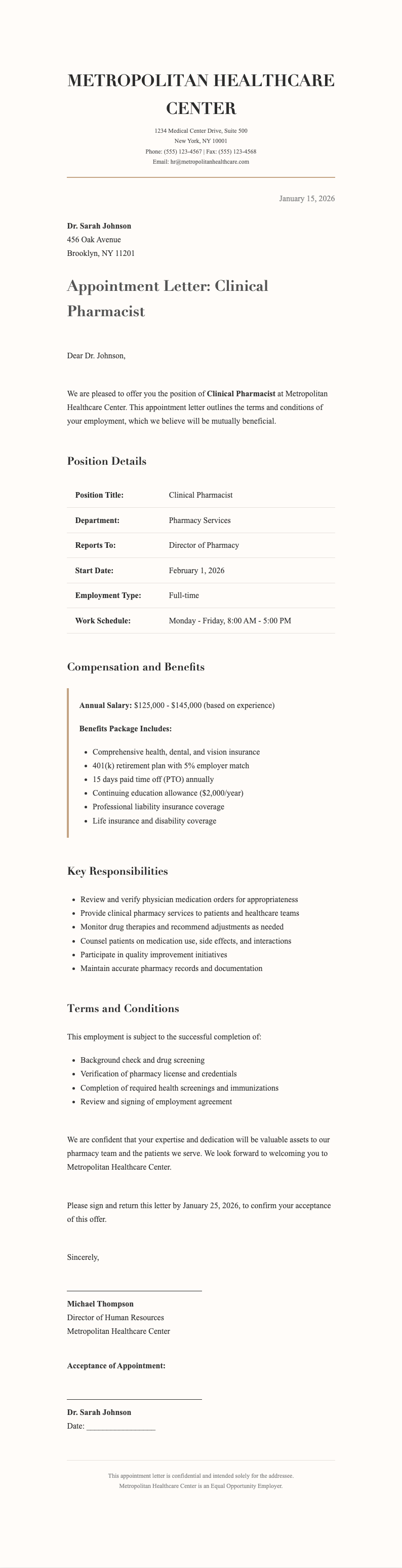 Elegant sophisticated pharmacist appointment letter